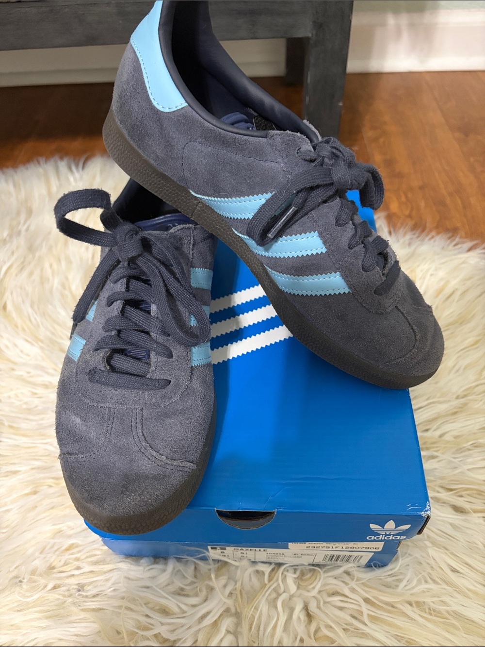 adidas Men 6 and women 7.5  Gray Suede Sneakers with Light Blue Stripes